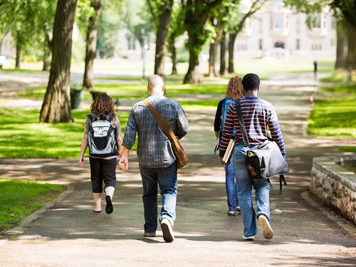 college students walking away from camera