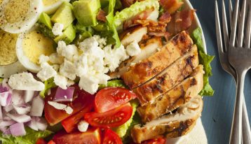 healthy food, recovery diet, nutrition and recovery, closeup of delicious looking cobb salad