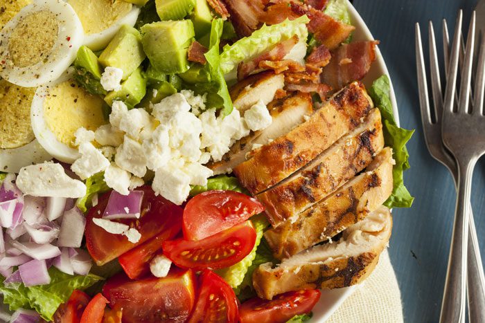 healthy food, recovery diet, nutrition and recovery, closeup of delicious looking cobb salad