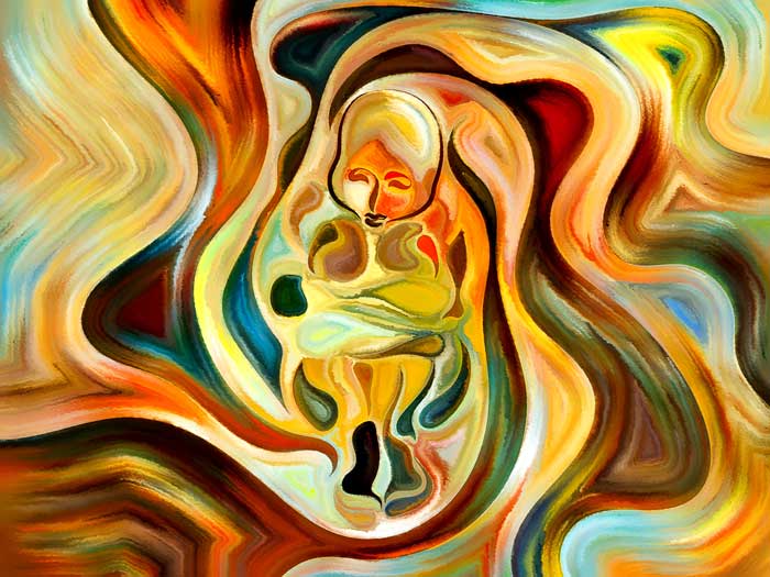 colorful painting of person hugging knees to chest