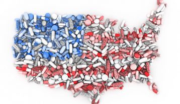 Drug Overdose Deaths, red, white, and blue pills in shape of the United States of America