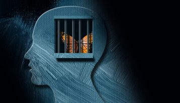 illustration of monarch butterfly trapped in cage of human head silhouette - trauma