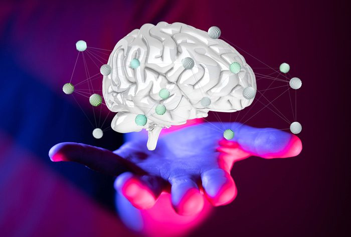 PCP addiction, brightly colored illustration of a brain above a hand - PCP