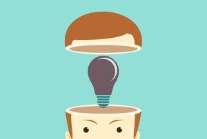 cropped digital illustration of man's head which is open to show a burned out grey lightbulb - blackouts