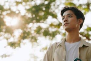 Person standing outdoors in natural light, looking ahead thoughtfully, representing hope, healing, and progress in therapy.